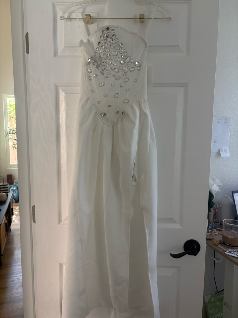 White Embellished Party Dress with Crystal Accents - Picture 3 of 5